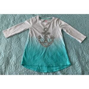 JILLIAN'S CLOSET NIGHTGOWN GIRLS S (4) TEAL & WHITE TIE DYE, SILVER ANCHOR DECOR